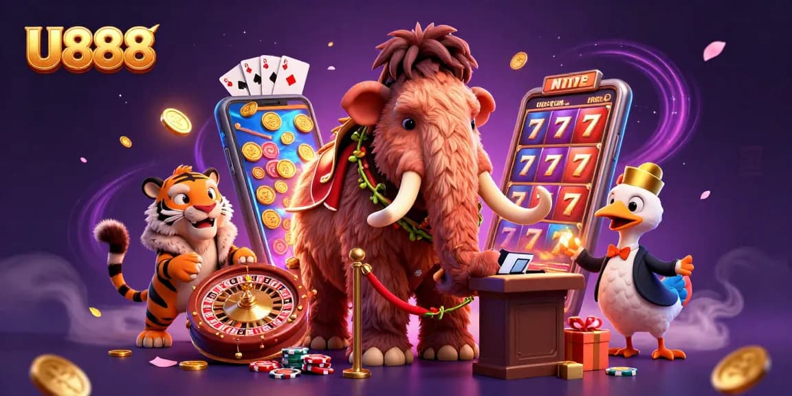 U888 welcomes players with a vibrant 3D casino scene featuring characters and dynamic game elements.