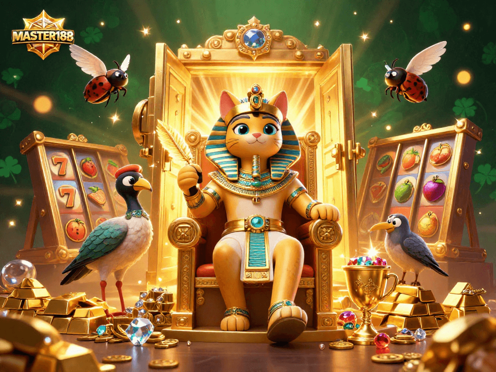 Engage in thrilling gameplay with MASTER188 as the Egyptian pharaoh cat surrounded by treasures and slot elements.