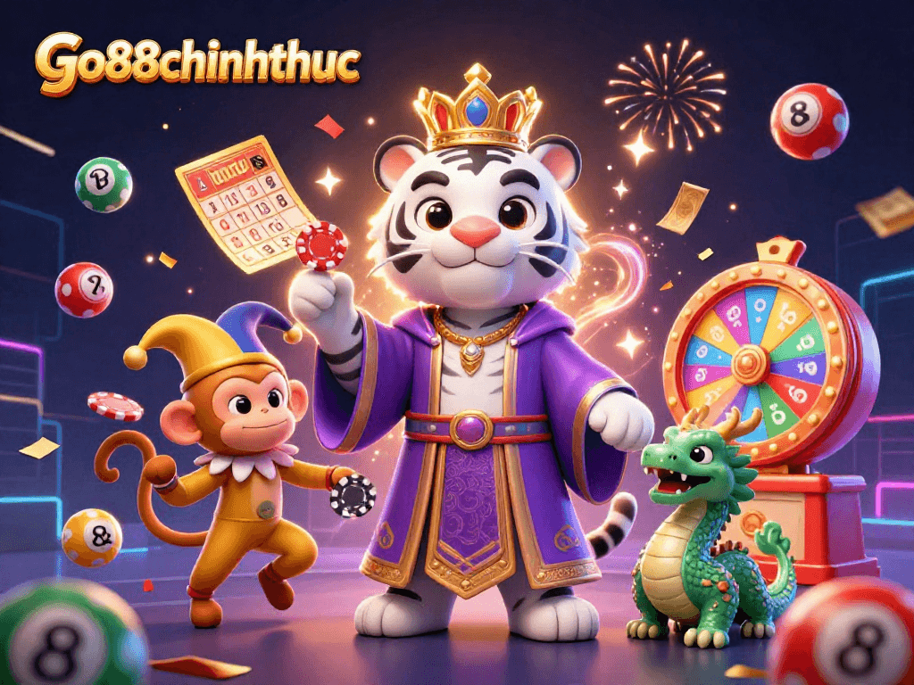 Go88chinhthuc presents a vibrant celebration of luck with a white tiger, jester monkey, and jade dragon!