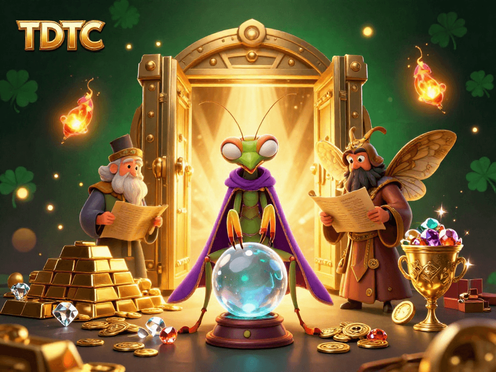 Engage with TDTC's enchanting world of luck, featuring fortune teller and treasures in a captivating 3D scene.