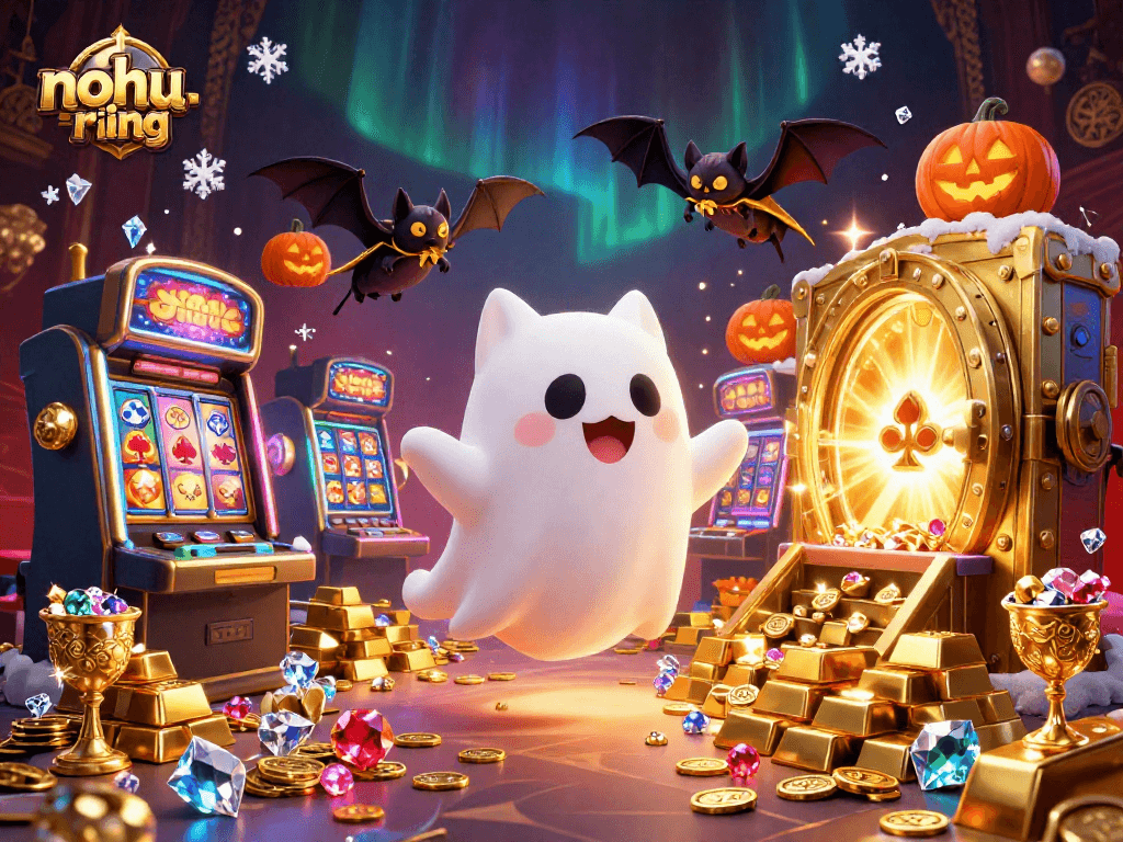Nohiring cat ghost spins slot machines for jackpots at a haunted casino.
