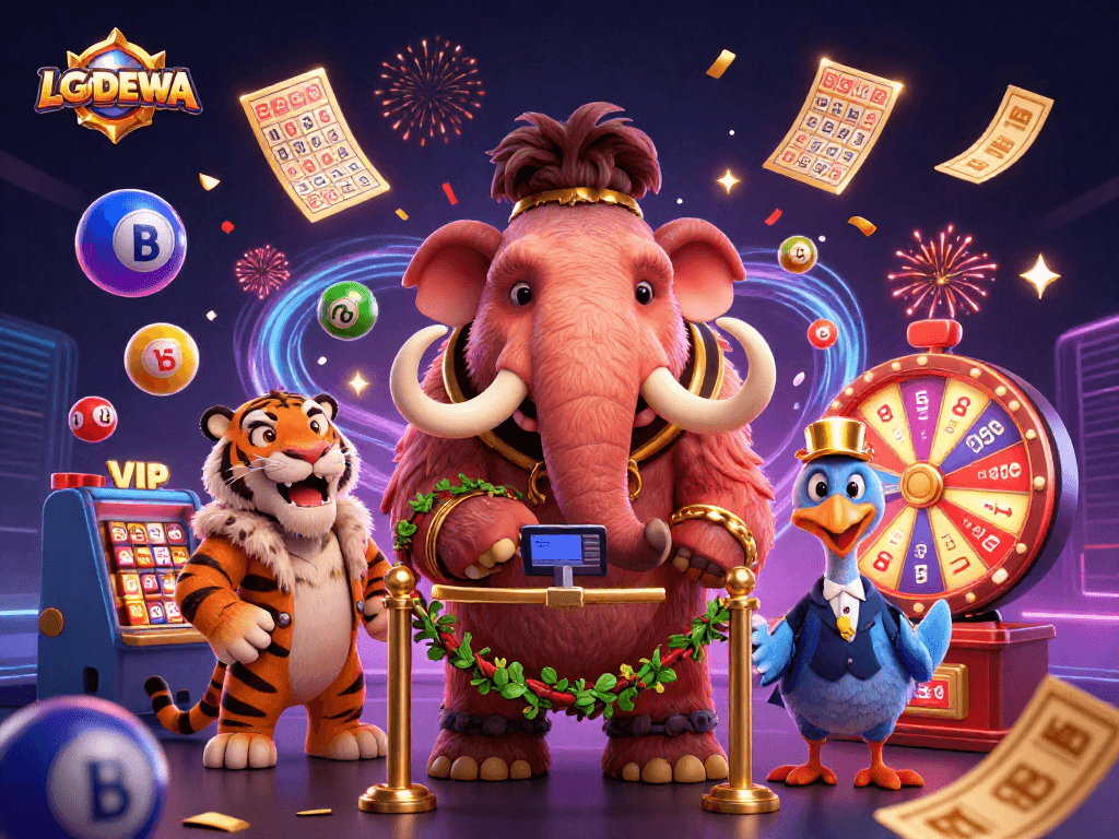 Experience the thrill with LGODEWA at a vibrant casino featuring a lively mammoth bouncer.