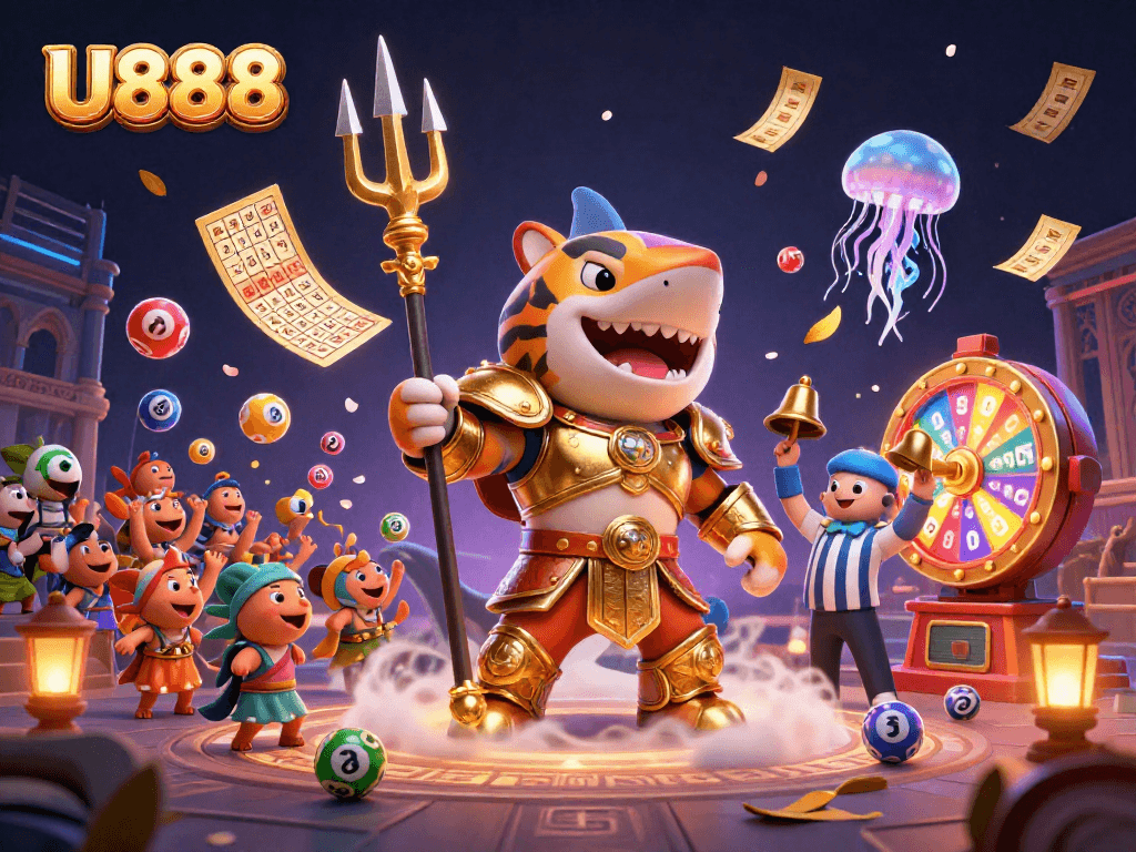 U888 features a vibrant underwater colosseum with a fierce shark gladiator and gaming elements in action.