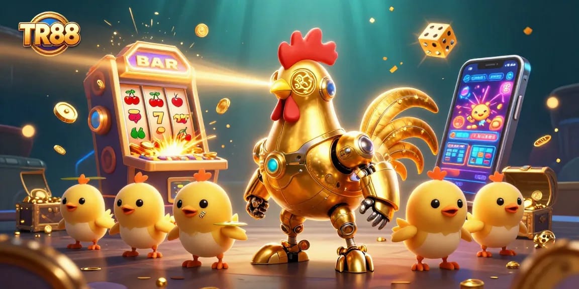 Experience excitement with TR88 as the golden rooster robot leads a fun casino game adventure.