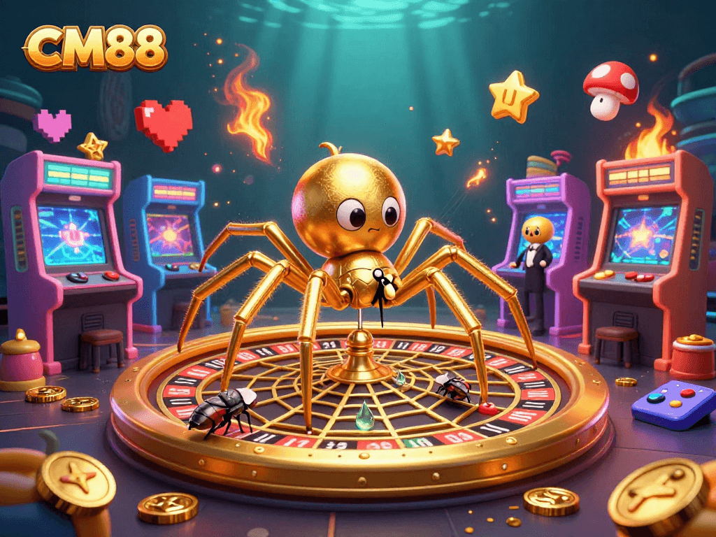 CM88's golden roulette spider spins a web of bets and excitement, showcasing a dynamic casino scene.