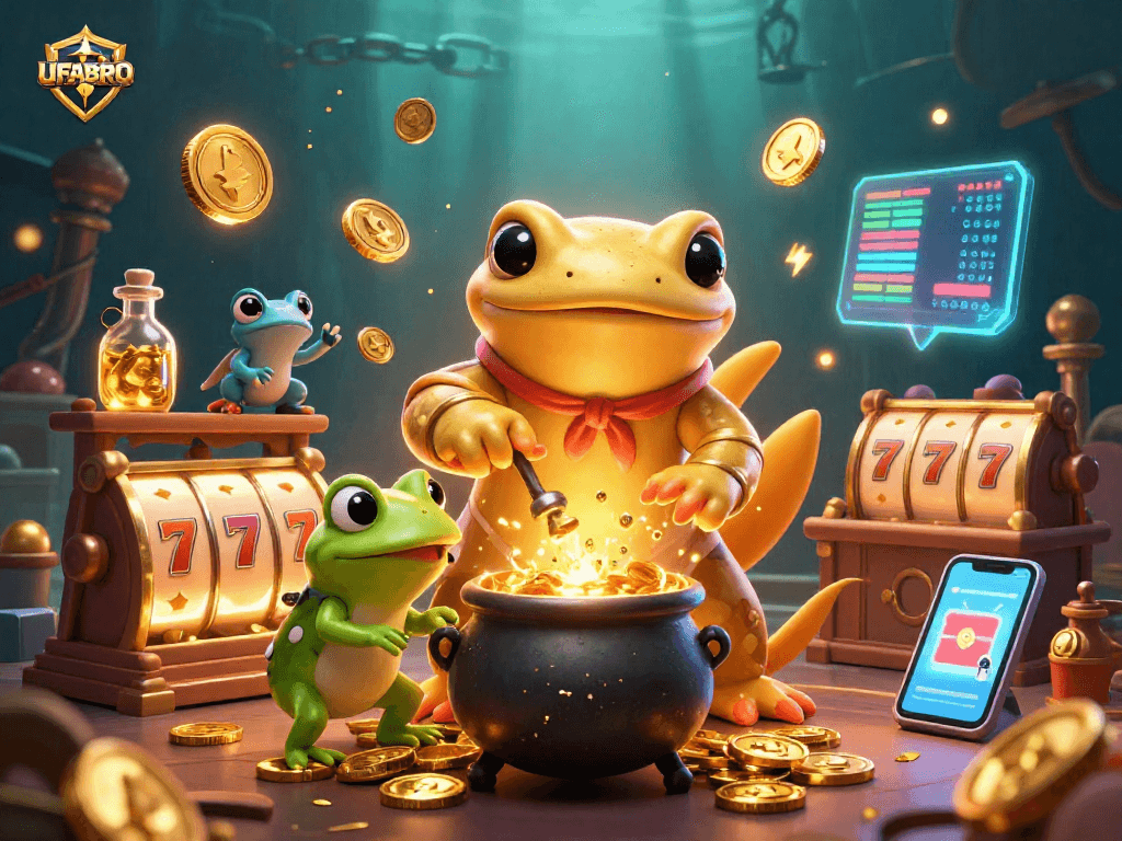Winning big at UFABRO with enchanted characters creating golden coins in a vibrant casino.