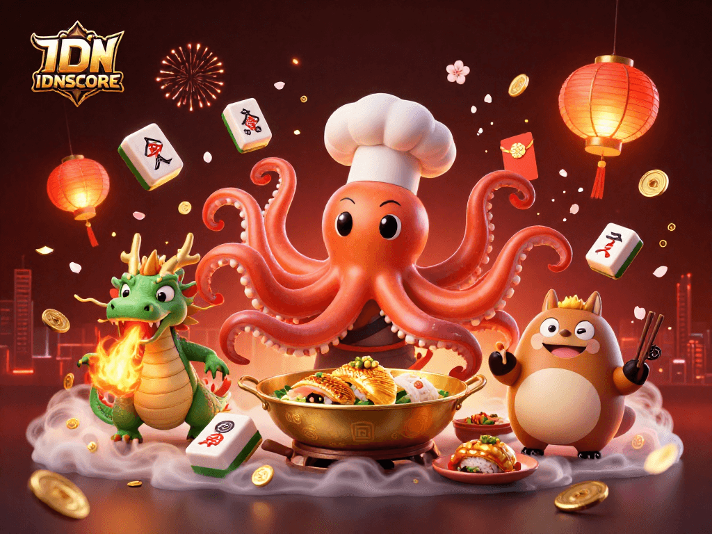 Experience thrilling slots with IDNSCORE in an artwork featuring vibrant casino elements and characters.