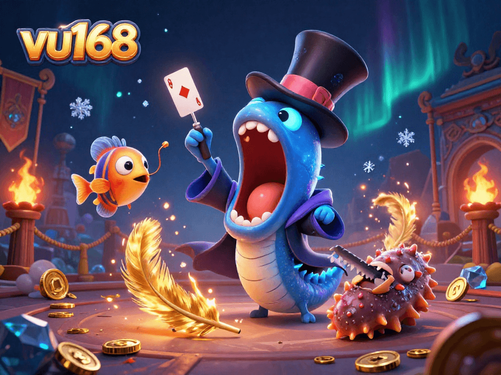 Experience the magic of vu168 with a captivating underwater casino scene featuring unique characters and dynamic elements.
