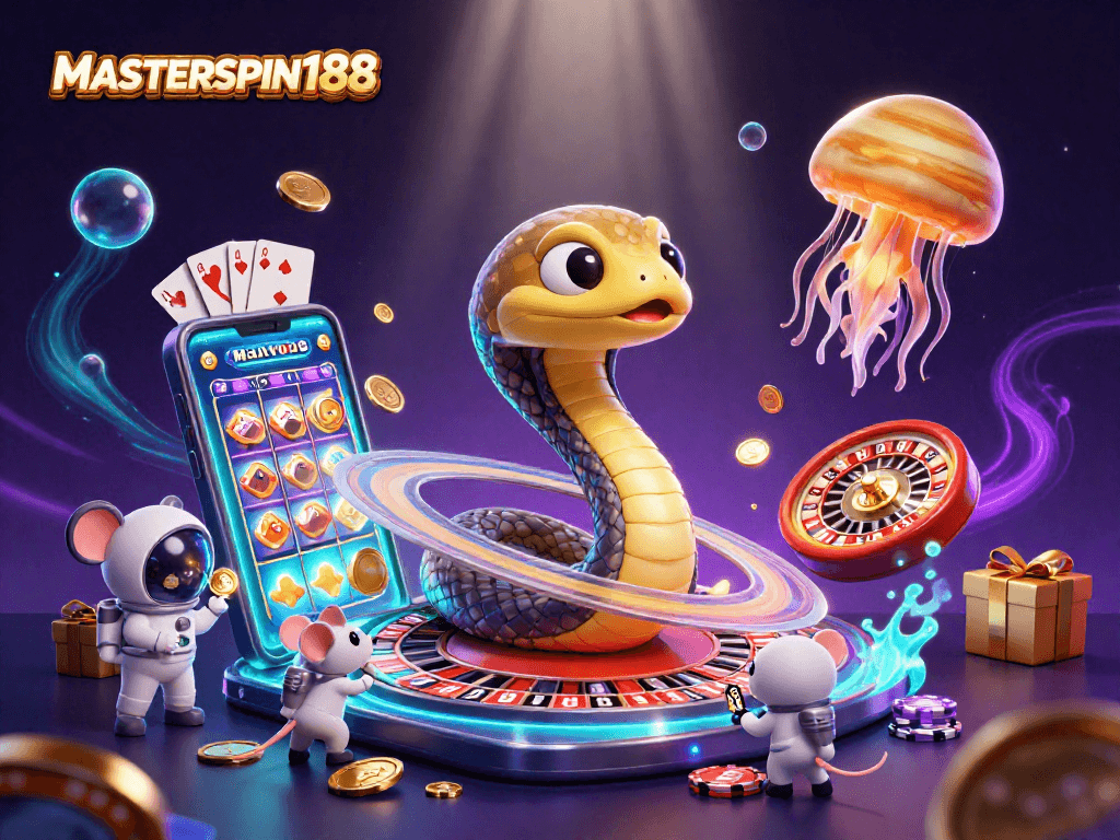 Experience MASTERSPIN188 with animated astronaut mice betting on a cosmic roulette wheel scene.
