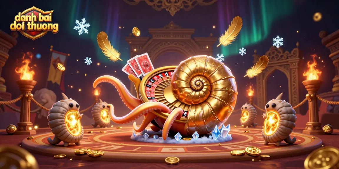 Engage in dynamic gameplay with danh bai doi thuong showcasing a giant nautilus holding cards and golden details.