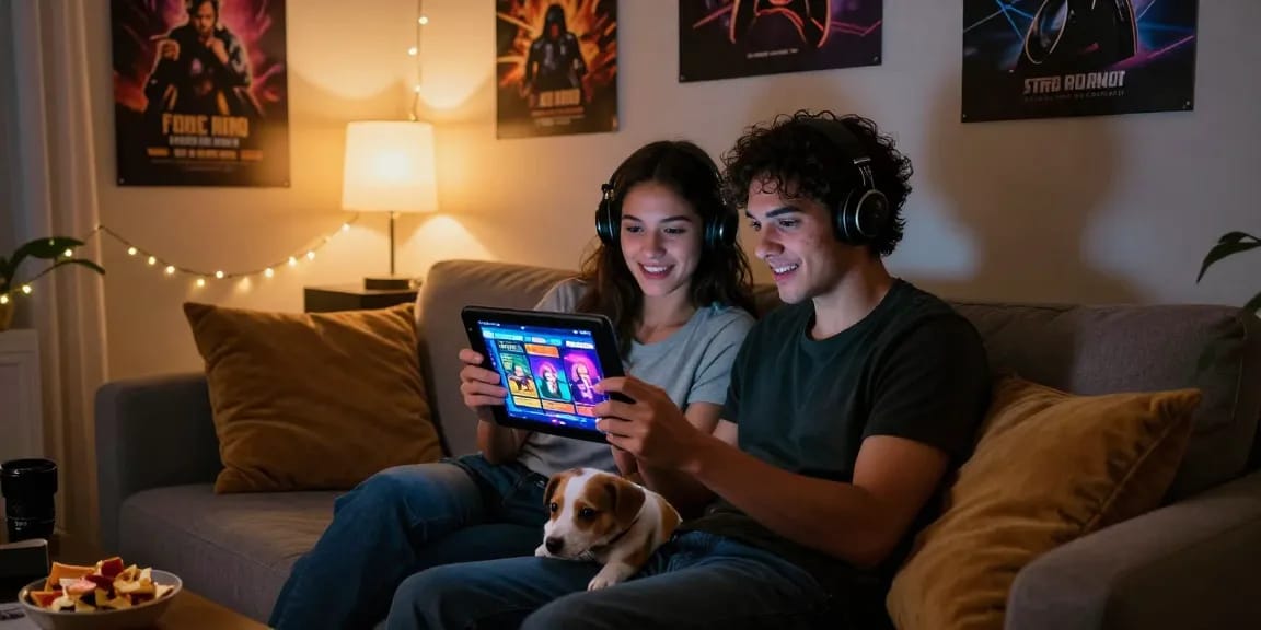 Couple enjoying free mobile porn games on a cozy couch with snacks in a warm atmosphere.