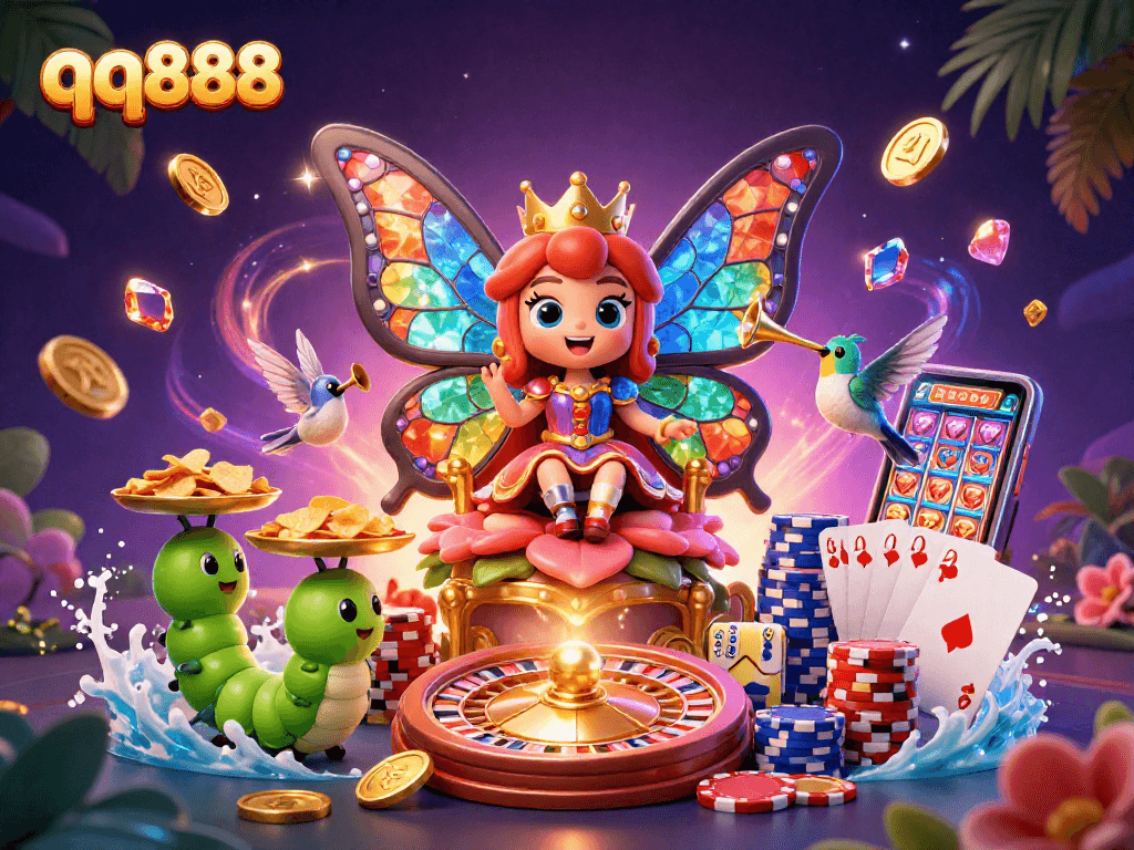 Experience exciting gaming moments with qq888, featuring a majestic butterfly queen amidst sparkling casino elements and vibrant colors.