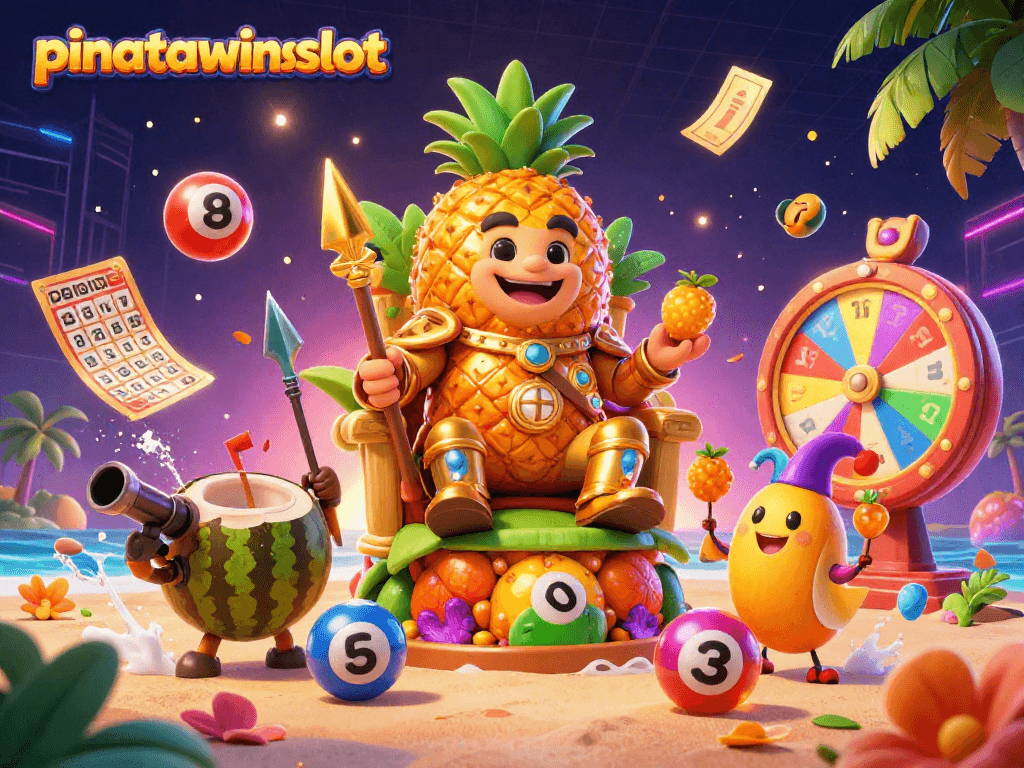 Experience the thrill of pinatawinsslot with a lively beach casino scene featuring a golden pineapple king and dynamic game elements.