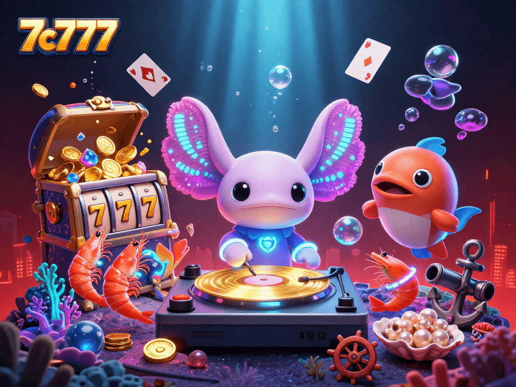 Engage with 7c777's vibrant underwater casino scene featuring dancing axolotls and treasure.