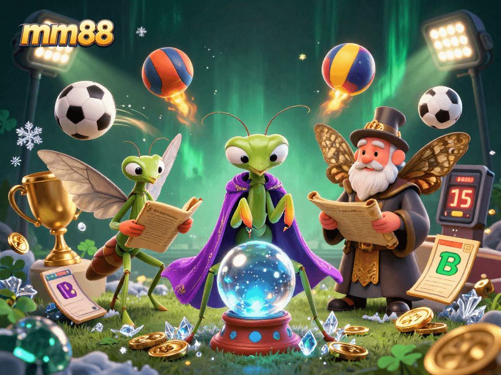 Bet on big wins with mm88 in a vibrant 3D casino scene filled with fortune tellers and sports elements.