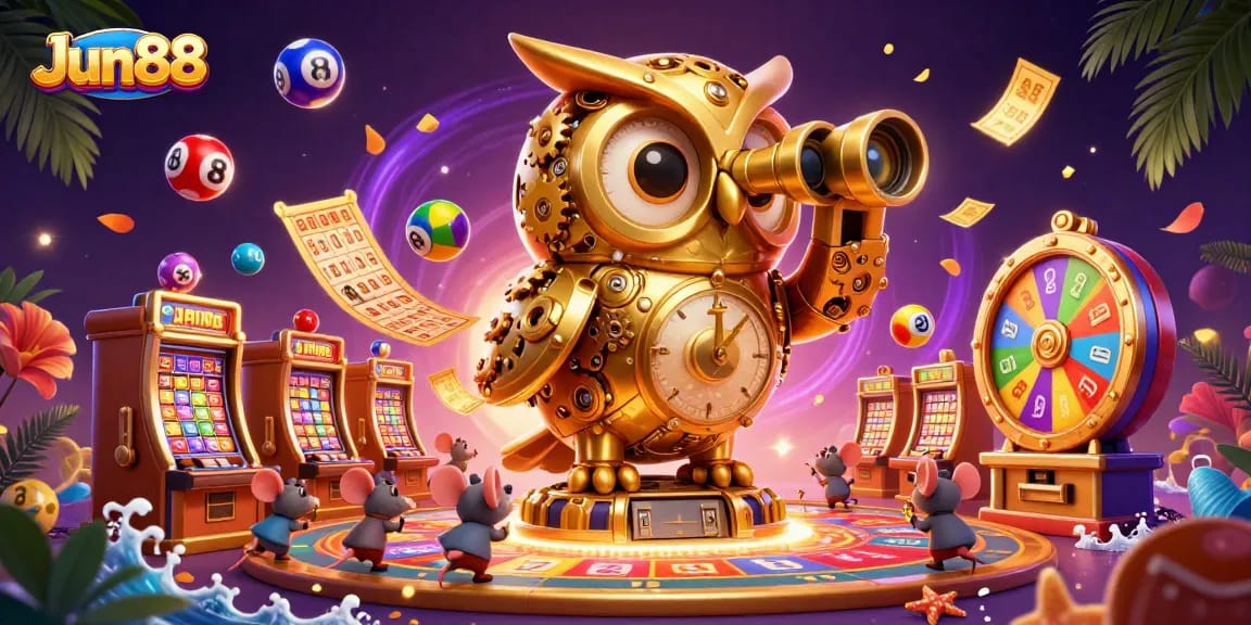 Experience the thrill of Jun88 with animated characters, vibrant slot machines, and game elements in a festive casino setting.