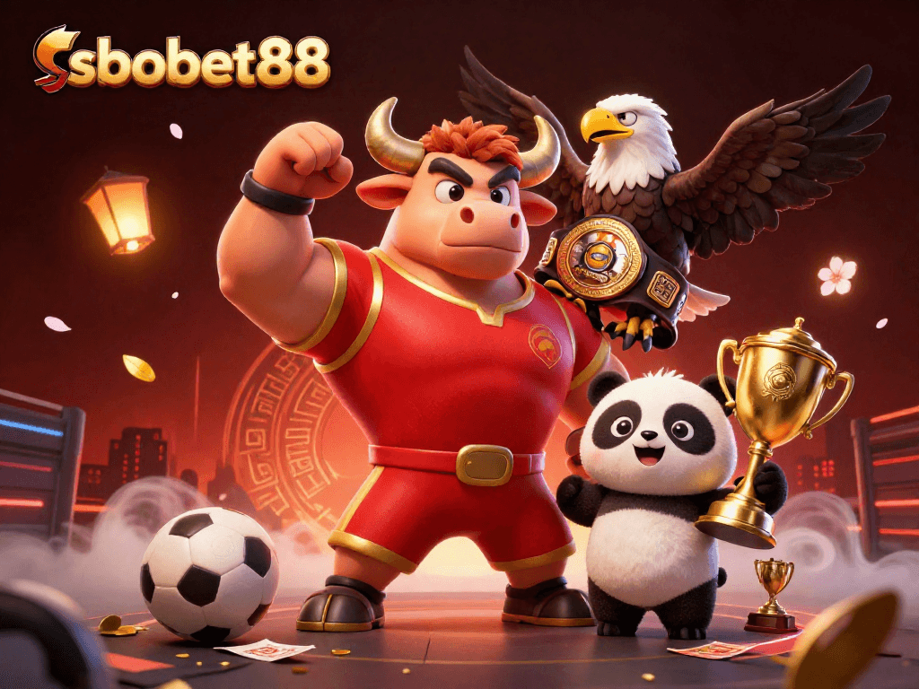 Engage with sbobet88 as a bull mascot celebrates victory alongside an eagle and panda in a dynamic sports-themed scene.