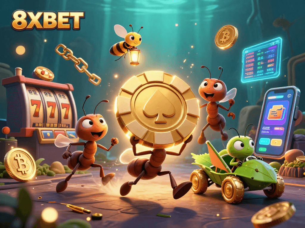 Engage in thrilling gambling at 8XBET with cartoon heist, golden chips, and dazzling crypto elements.