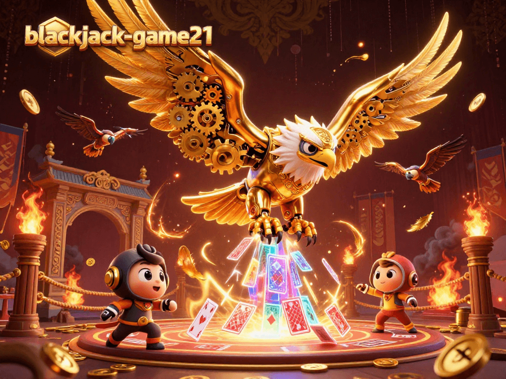 Engage with blackjack-game21's thrilling gameplay featuring golden eagle and holographic cards.