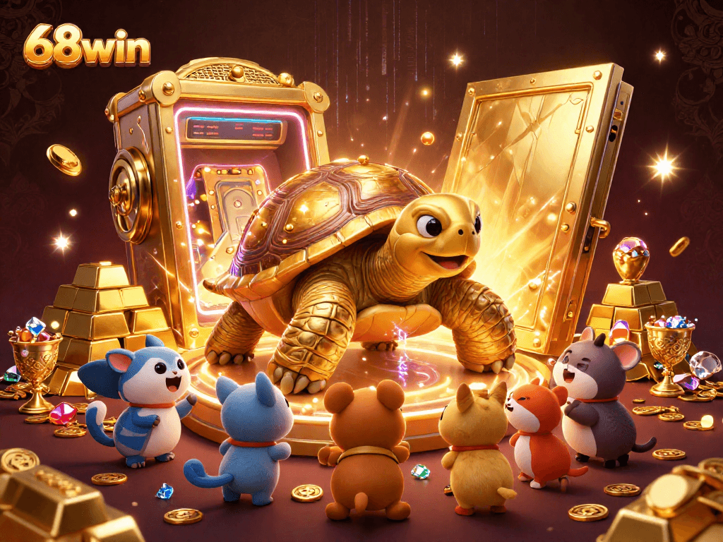 Experience thrilling gameplay at 68win with a spectacular golden tortoise pinball machine in a vibrant casino