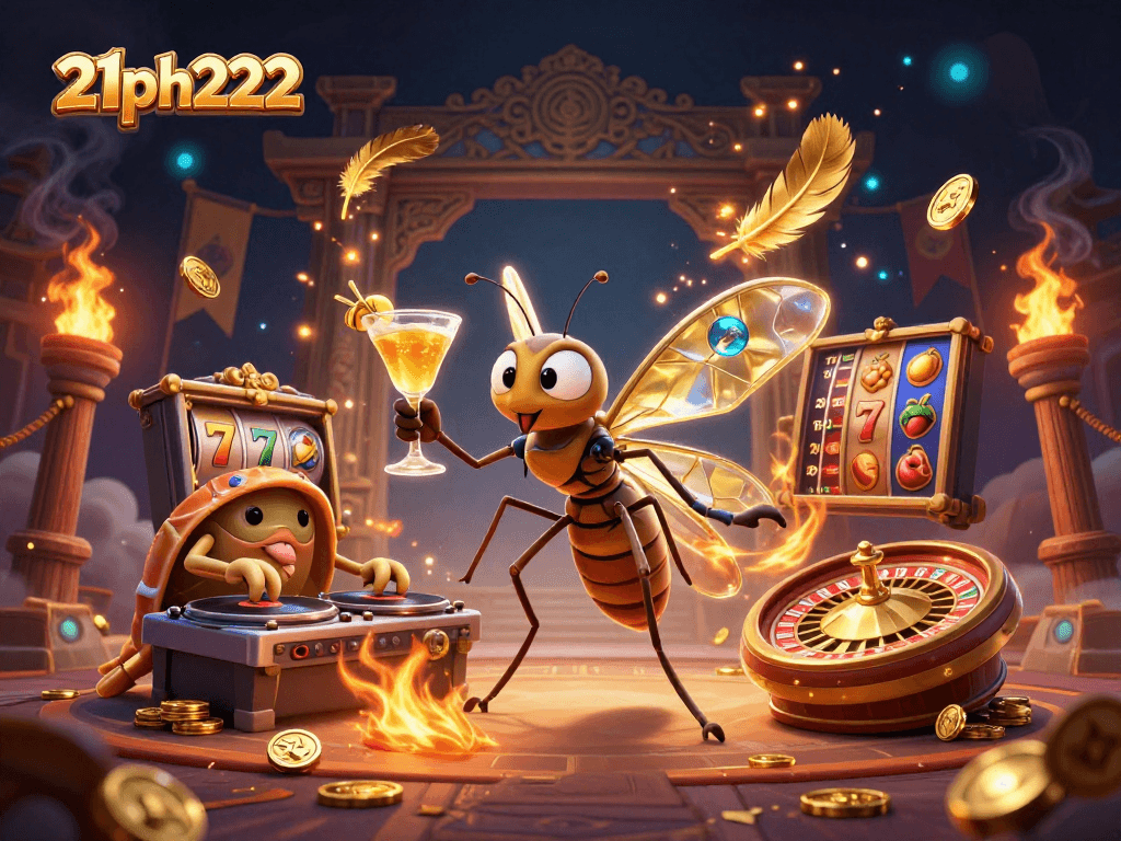 Spin to win with 21ph222 featuring a frozen mosquito mascot, trilobite DJ, and casino elements in a lively 3D scene.