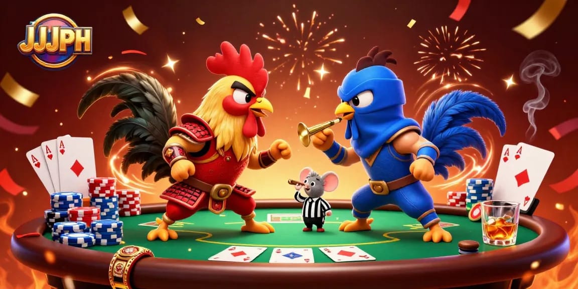 Magandang laban ng dalawang manok sa JJJPH, isang nakasuot ng samurai armor at ang isa sa ninja gear, sa ibabaw ng poker table.