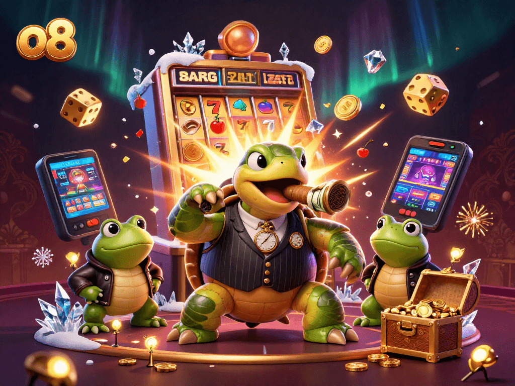 Enjoy a thrilling gaming experience with o8 as the snapping turtle and bullfrog enforcers engage in a vibrant casino scene.