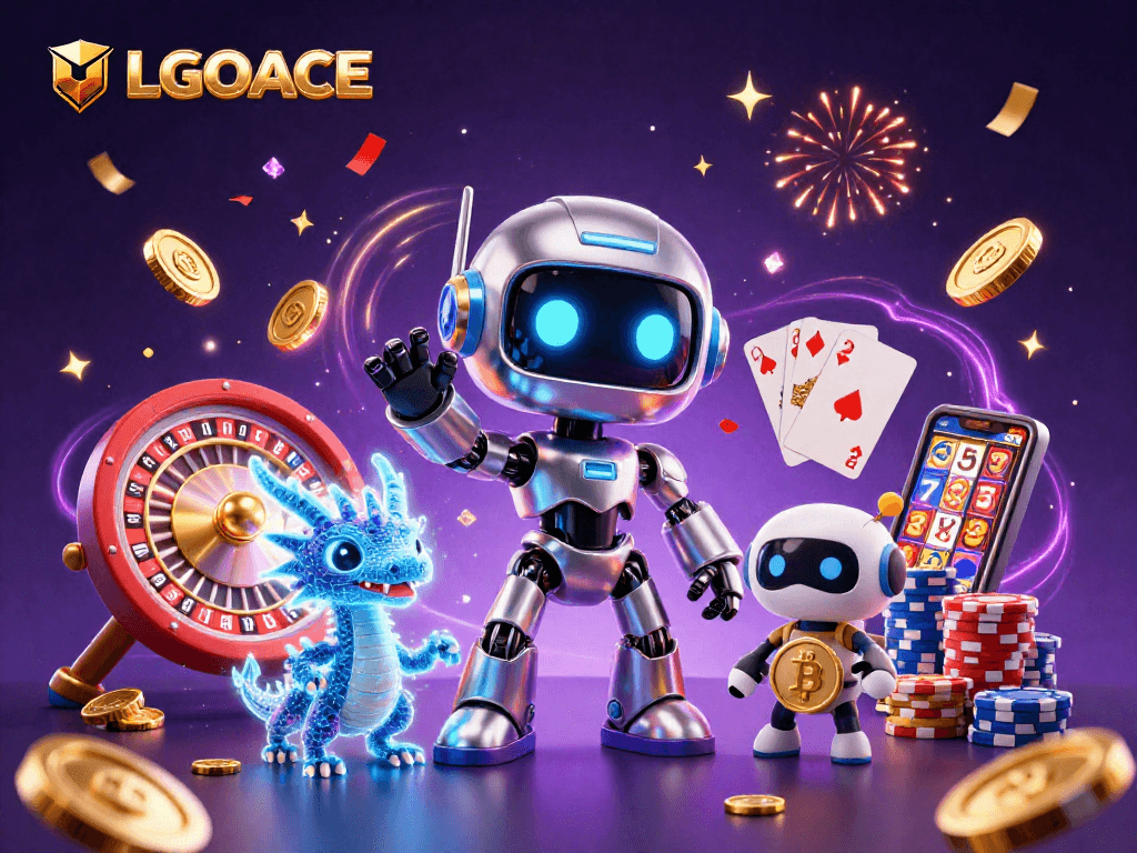 LGOACE showcases an electrifying 3D scene with a cyberpunk robot and AI dragon amidst casino elements.