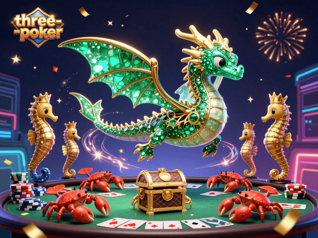 Engage with the excitement of three-card-poker featuring animated characters, poker elements, and colorful visuals.