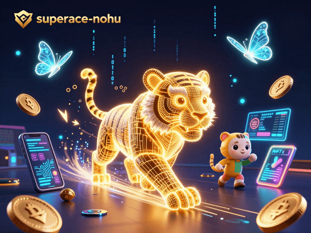 Engage with superace-nohu in this vibrant, dynamic casino scene featuring a neon tiger and crypto elements.