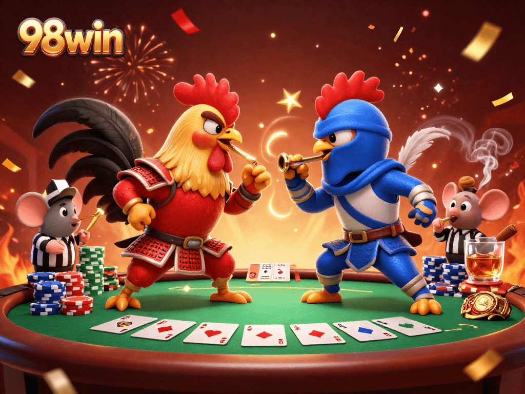 Experience the thrill of poker with 98win as roosters clash amidst chips and cards.