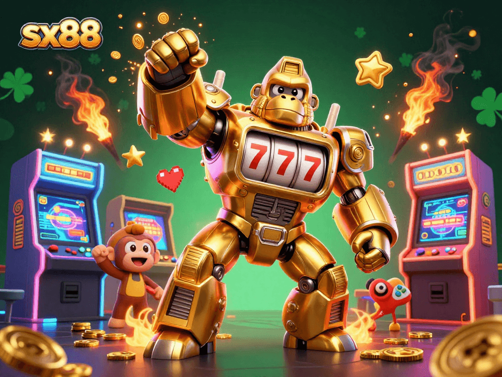 Spark excitement with sx88 as a golden gorilla mech unleashes coins while surrounded by vibrant gaming elements.