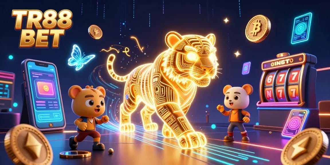 Engage with TR88 BET in a vibrant digital casino showcasing rich 3D elements and crypto themes.