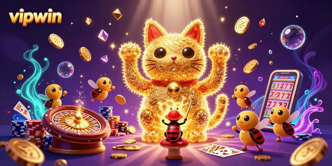 Experience the excitement of winning at vipwin with dynamic casino symbols and a lucky cat illustration.