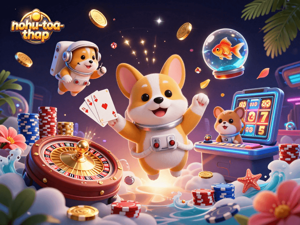Experience thrilling gameplay in nohu-toa-thap with a floating corgi, vibrant casino elements, and dynamic prizes.
