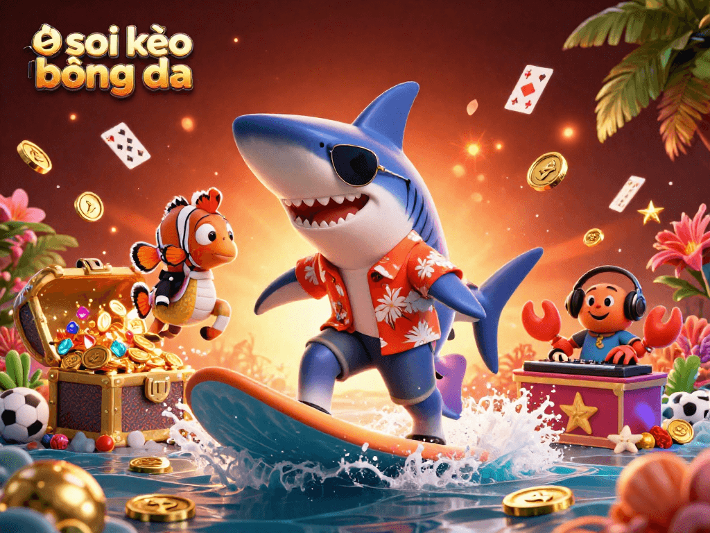 Engaging visuals of soi kèo bóng đá as a hammer-head shark surfs gold coins with sports elements