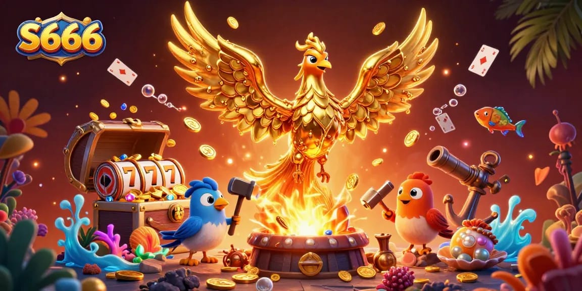 S666 players spinning slot reels for exciting wins and gold rewards in a vibrant casino scene