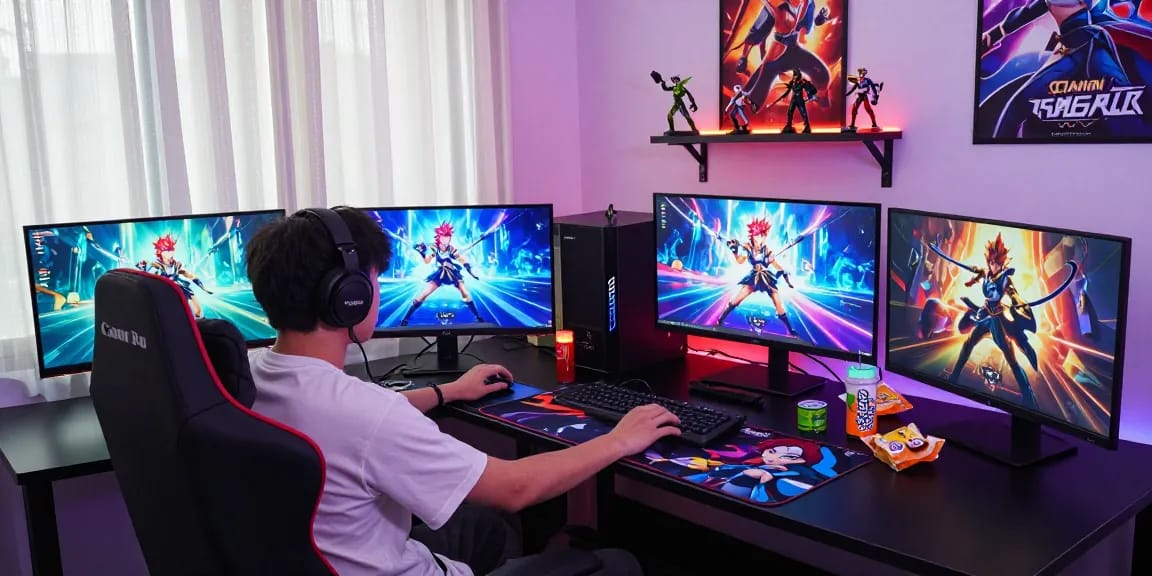 Gamer focused on gacha168 game at a colorful gaming setup with multiple screens.