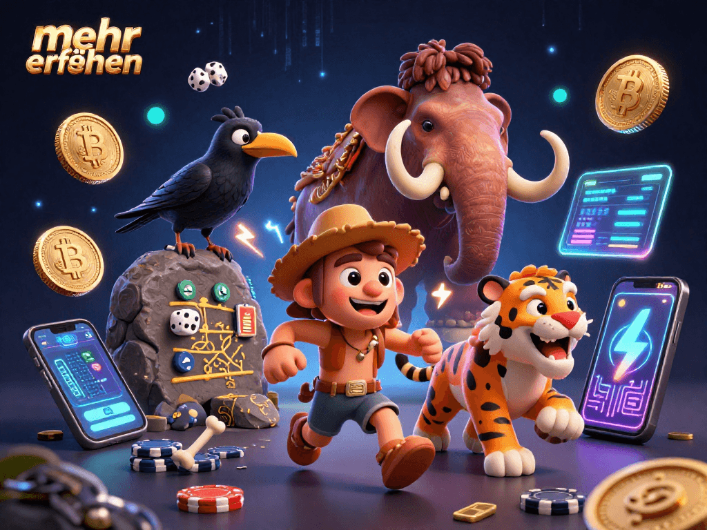 Experience excitement at the prehistoric casino with mehr erfahren insights, featuring cavemen and crypto elements.