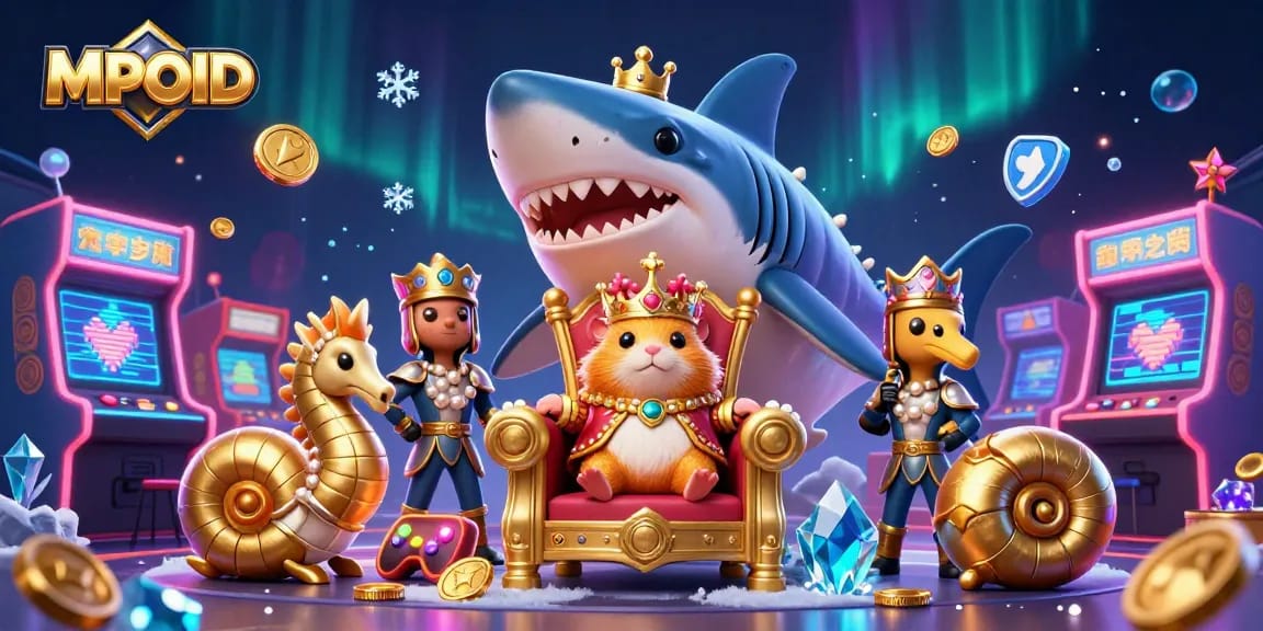 Engage with MPOID in an immersive and vibrant 3D casino scene featuring a golden hamster king and arcade games.