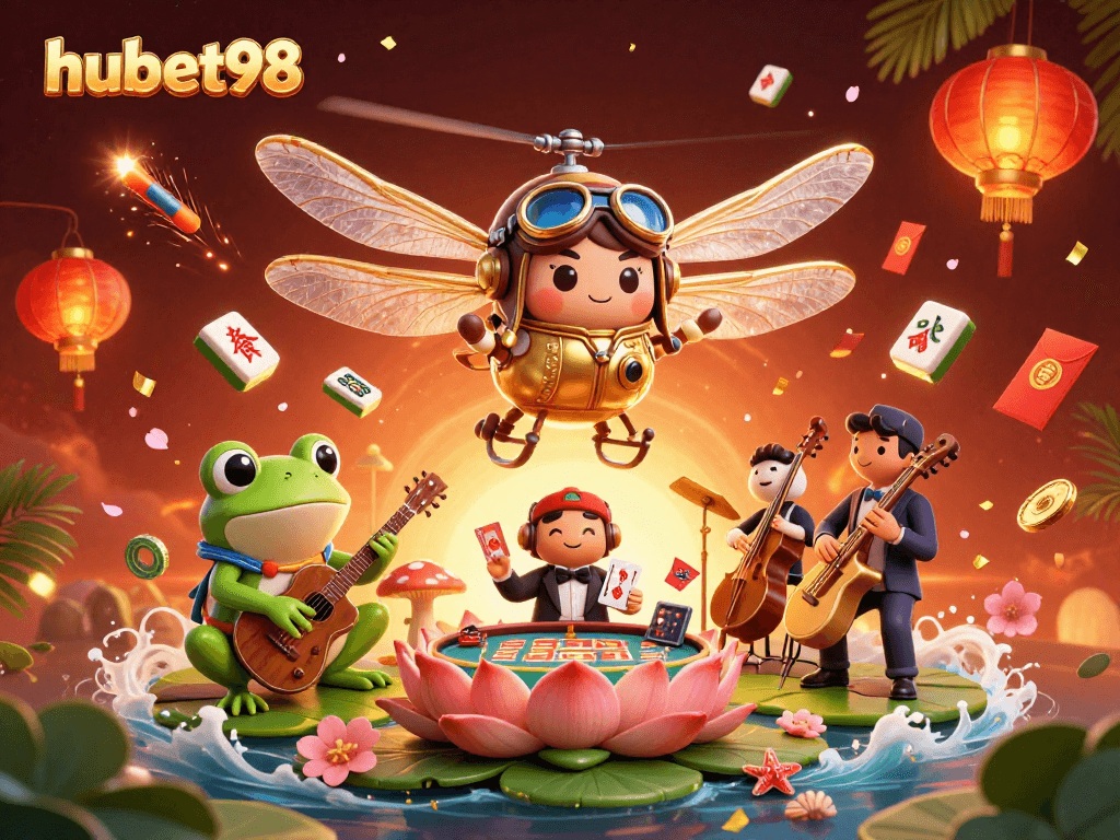 Bet on exciting games with hubet98 at this vibrant casino scene featuring unique characters.