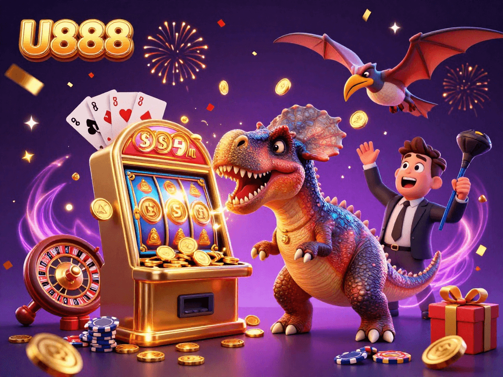 Experience gambling excitement with U888 as characters celebrate jackpot wins amidst gaming chaos.