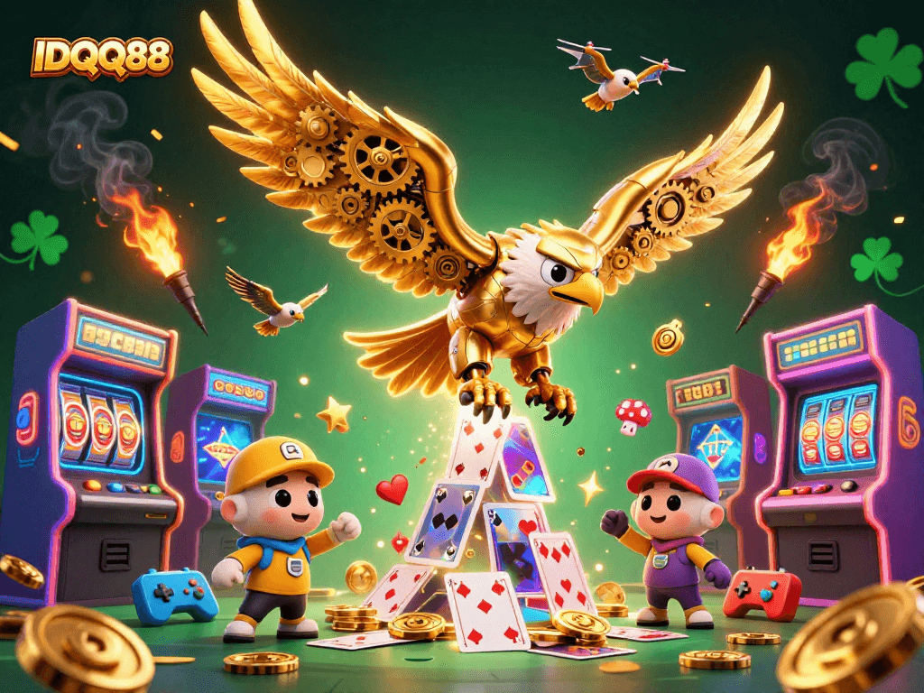 Experience the excitement of IDQQ88 as a cybernetic golden eagle dives through holographic cards in a vibrant casino.