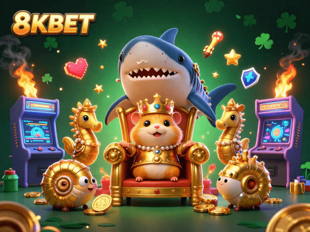 Engage with the vibrant 8KBET gaming world, featuring a majestic hamster king and dynamic casino elements.