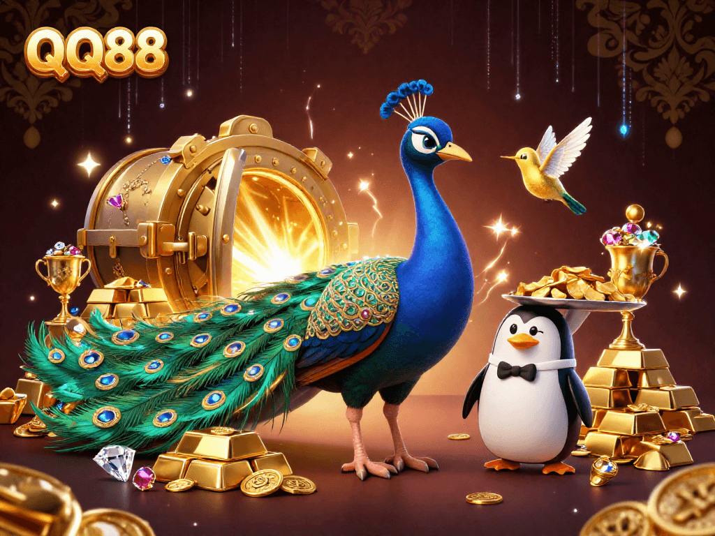 Experience QQ88’s vibrant casino world with a luxurious peacock and golden treasures.