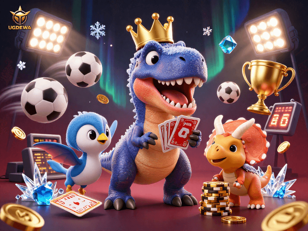 Engage with UGDEWA's thrilling scene featuring a card-shuffling T-Rex amidst dynamic sports elements.