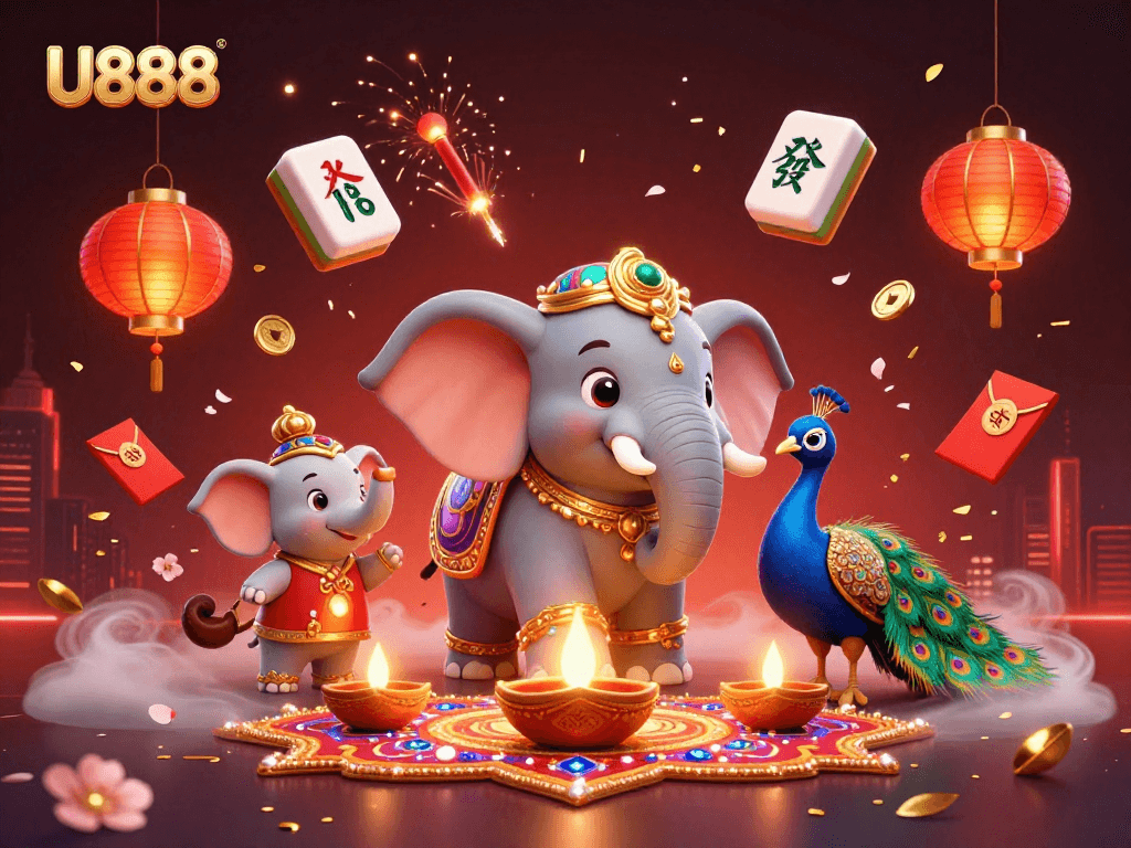 Capture thrilling moments with U888, showcasing vibrant gaming elements and festive characters.