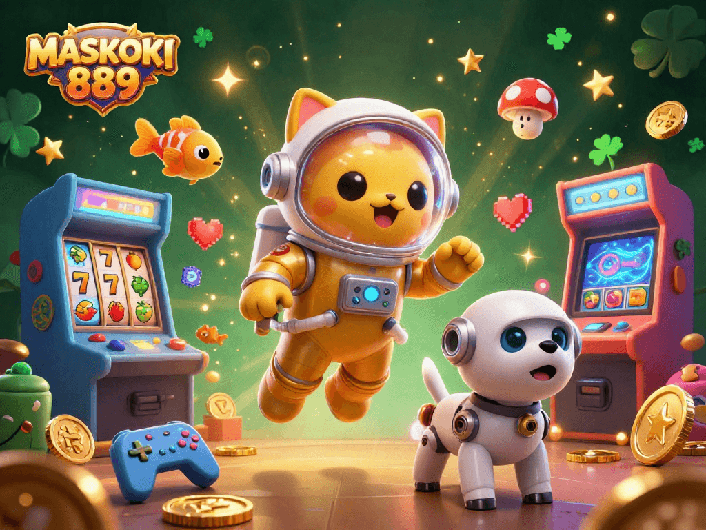 Experience the thrilling world of MASKOKI889 slots with a vibrant 3D gaming illustration.