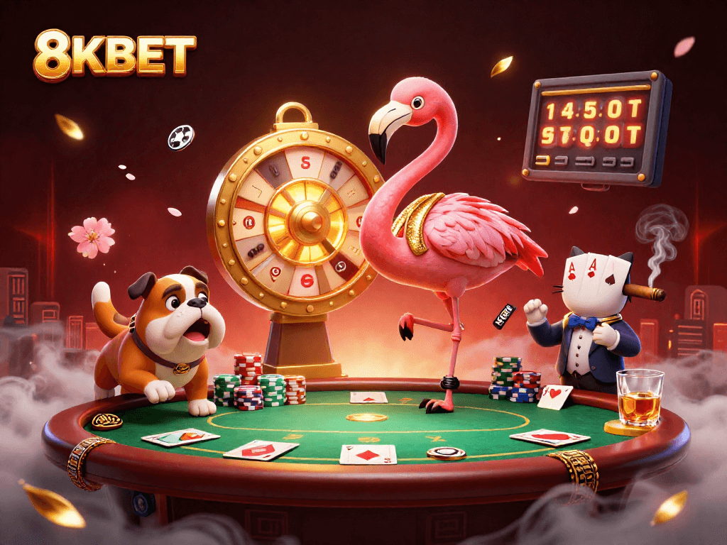 Join the excitement of 8KBET with vibrant characters in a thrilling casino scene featuring poker and prizes.