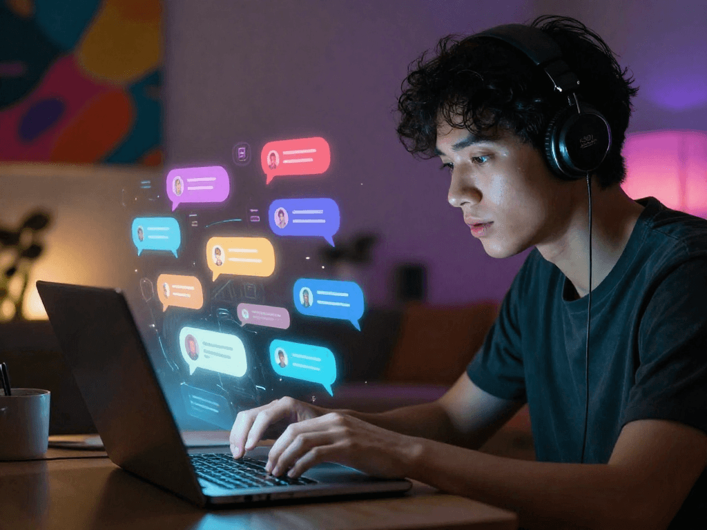 Engaging ai porn chat experience with user interacting with AI, vibrant digital elements.